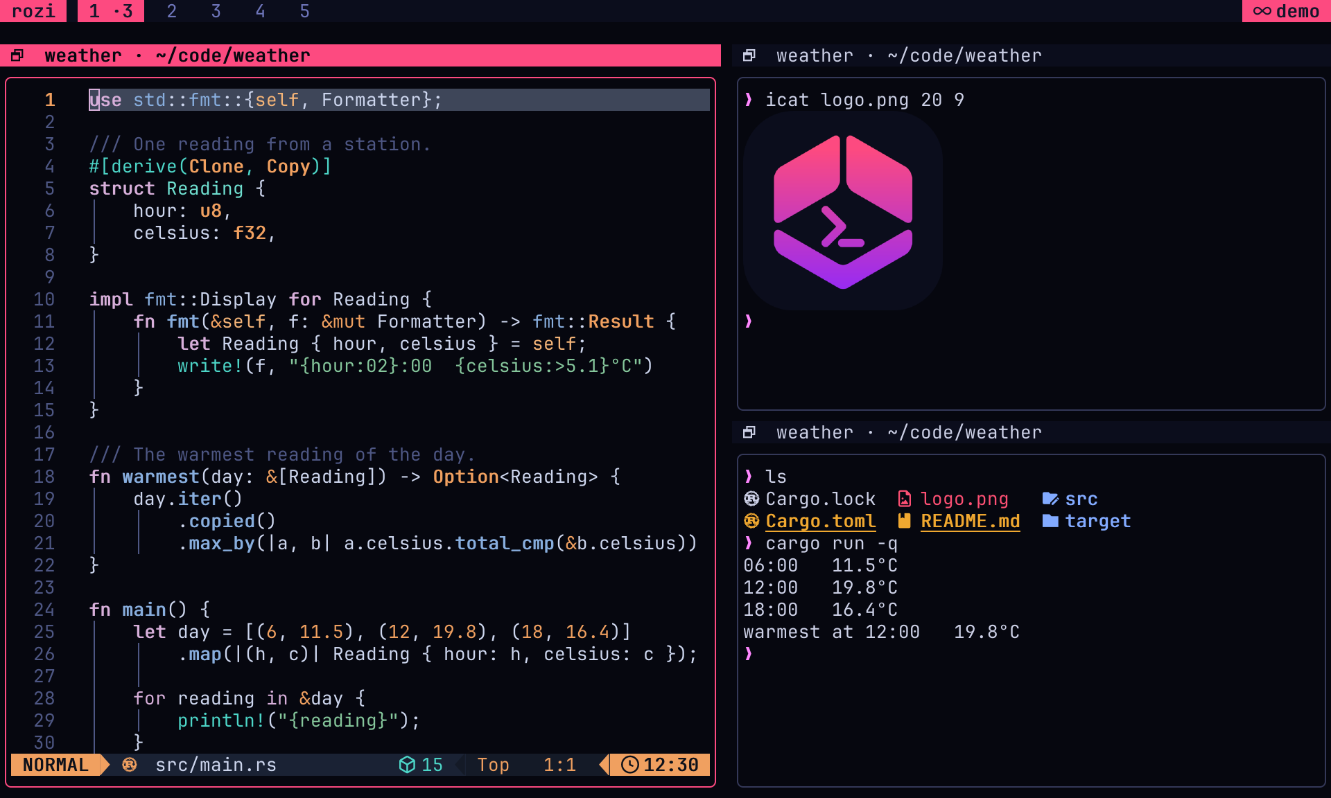 A rozi window captured with capture-ui: Neovim editing a Rust file, a shell showing the rozi logo with icat, and a shell that ran cargo run