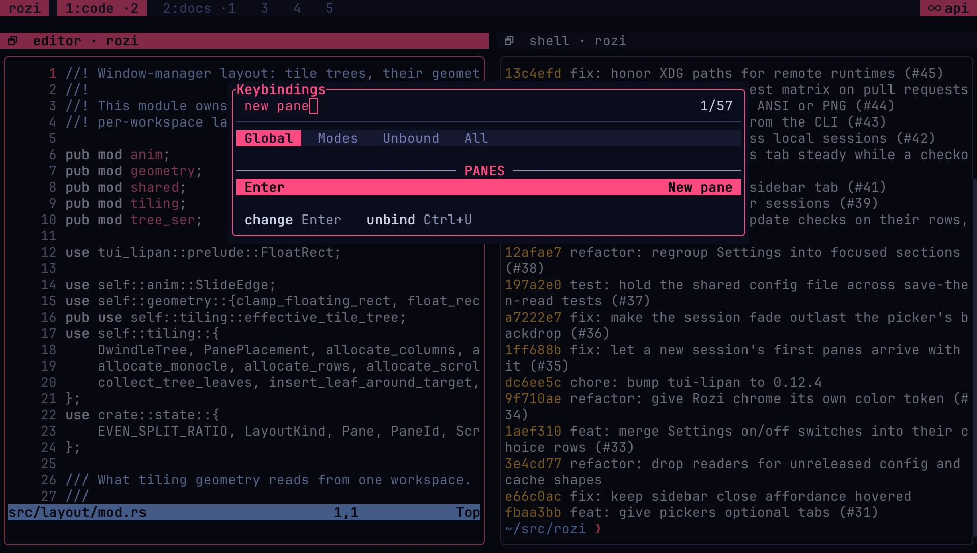 The Keybindings overlay filtered to new pane