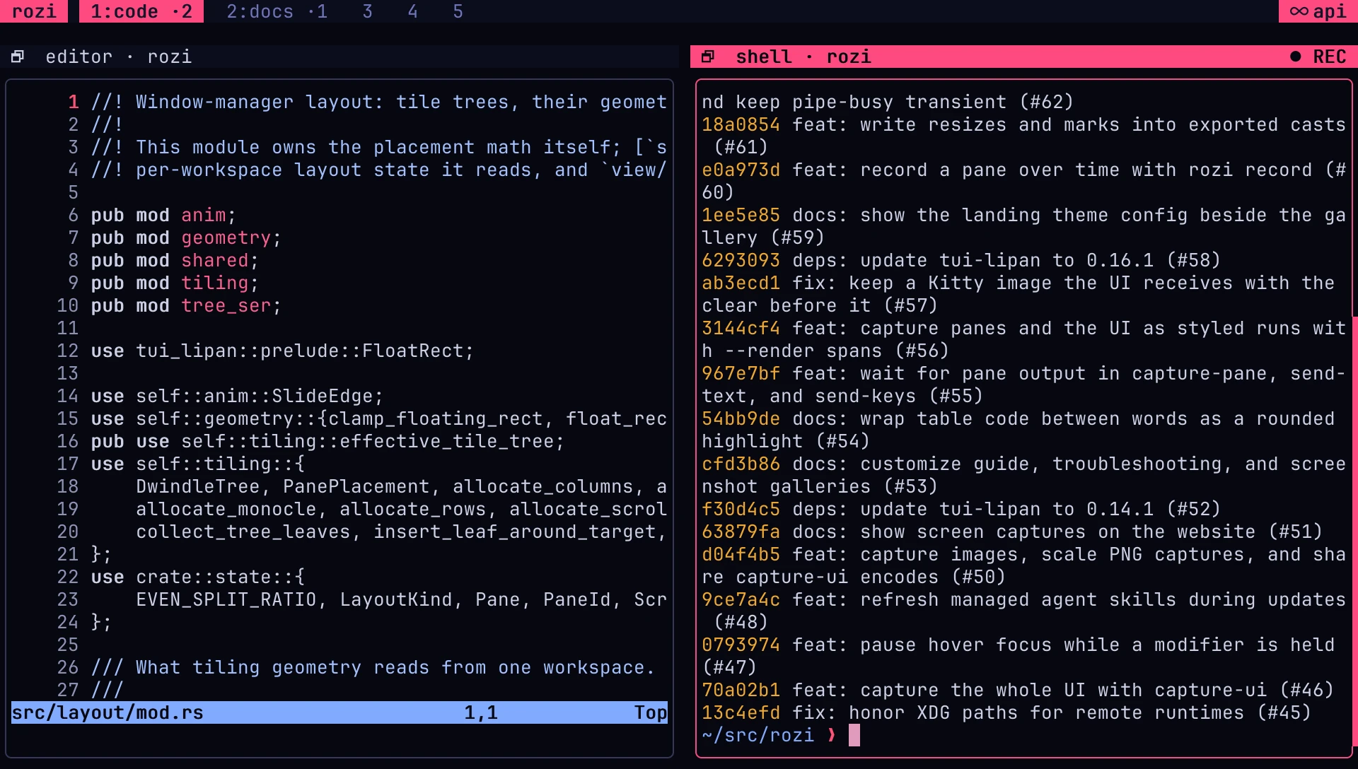 Two panes side by side; the shell pane's title bar ends with a red dot and REC
