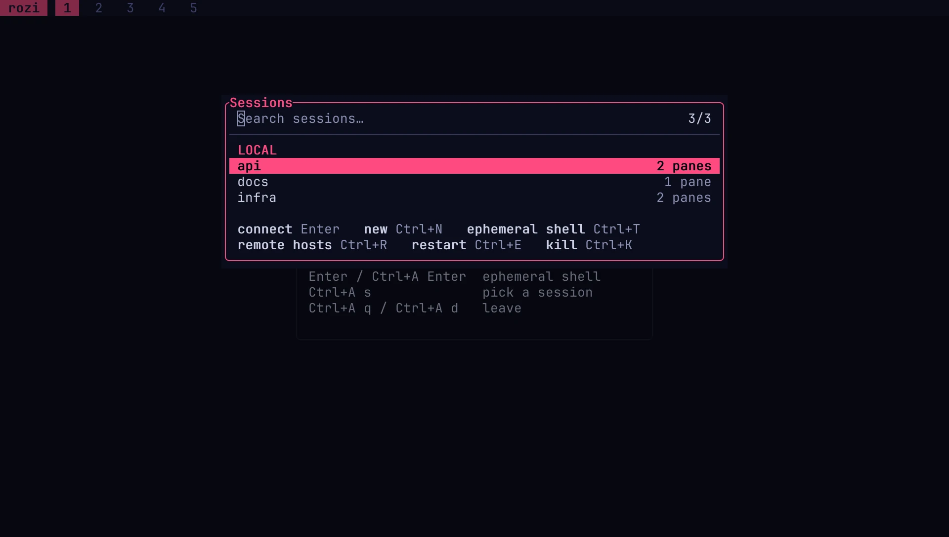 The session picker listing the running sessions api, docs, and infra with their pane counts