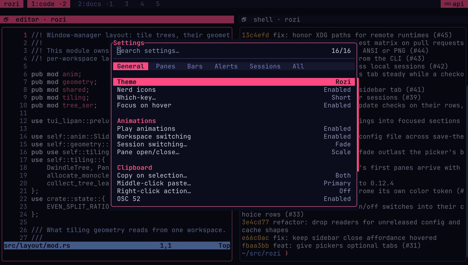 The Settings picker listing General options such as Theme, Nerd icons, and Which-key