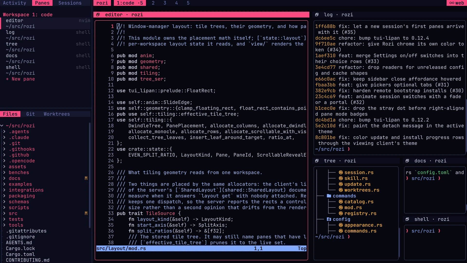 The sidebar on the left showing the Panes tab, listing each pane in the workspace beside the panes themselves