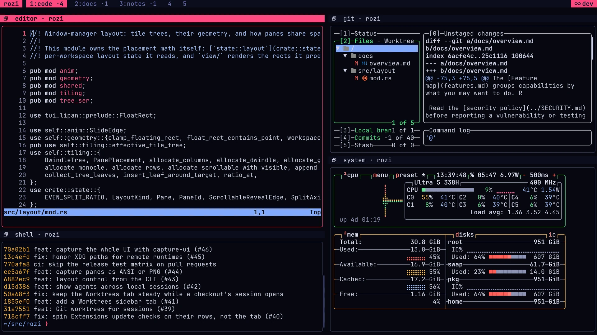 A rozi workspace with Neovim, a Git log, lazygit, and btop in the default theme